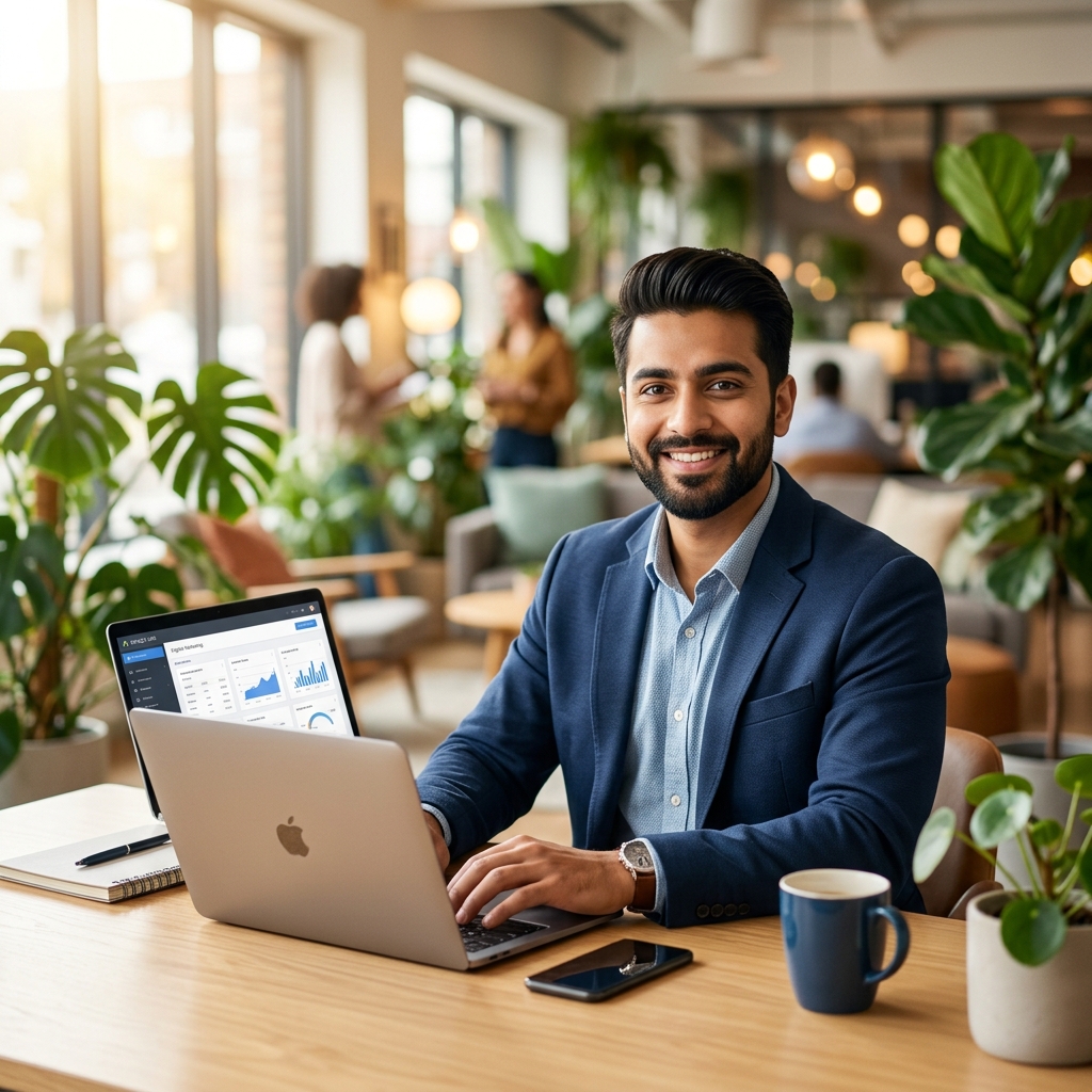 Dedicated marketing expert smiling at laptop delivering high-converting ad performance