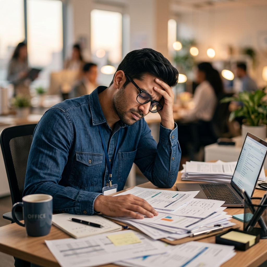 Stressed professional overwhelmed with resumes and in-house hiring headaches